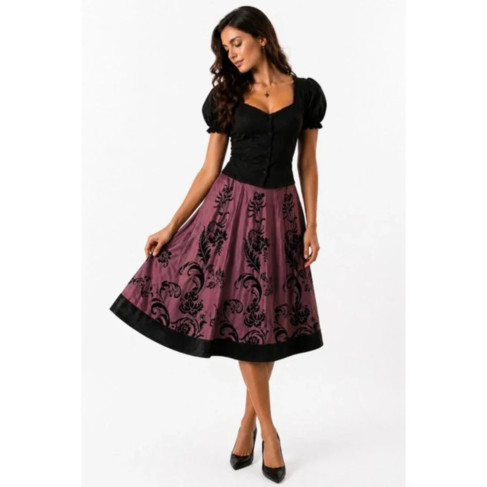 Vintage 70s MSK Burnout Velvet Whimsigoth Skirt M Purple Flock Floral Rockabilly